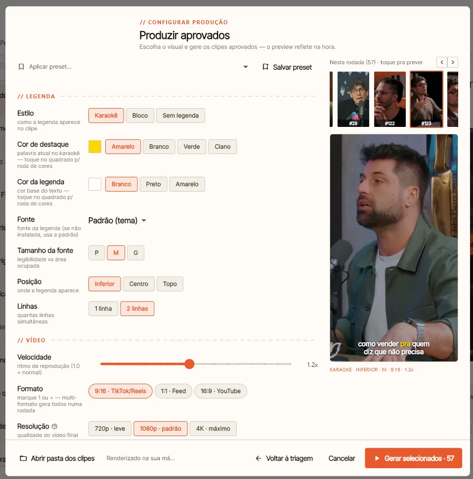 Tela de configurar produção do Cortou com preview ao vivo