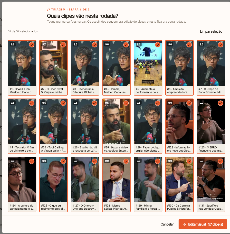Grade de cortes de um único vídeo prontos pra produzir no Cortou