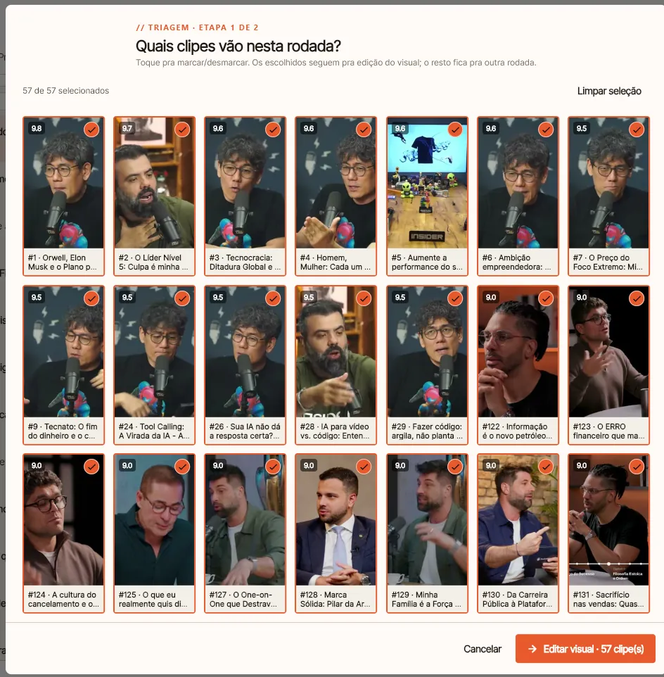 Grade de cortes de um único vídeo prontos pra produzir no Cortou